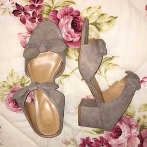 Beige Faux Suede Bow Mules with heel Size 7